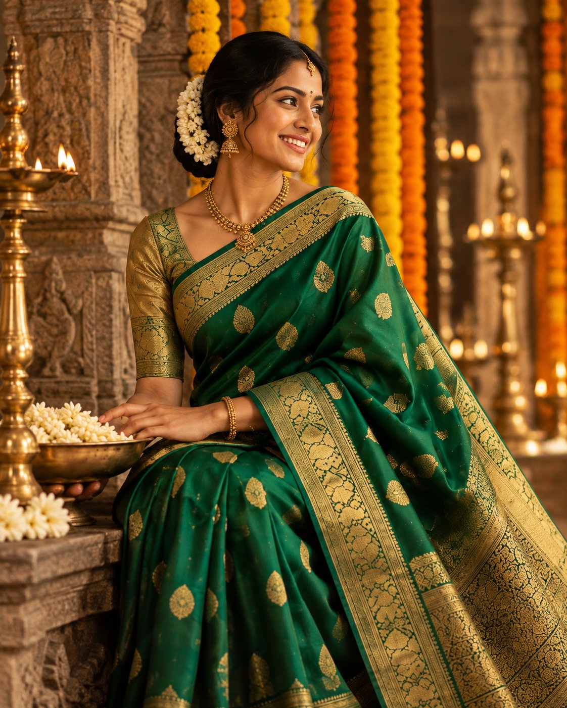 Woman wearing an emerald green silk saree with gold zari in a festive temple-inspired setting