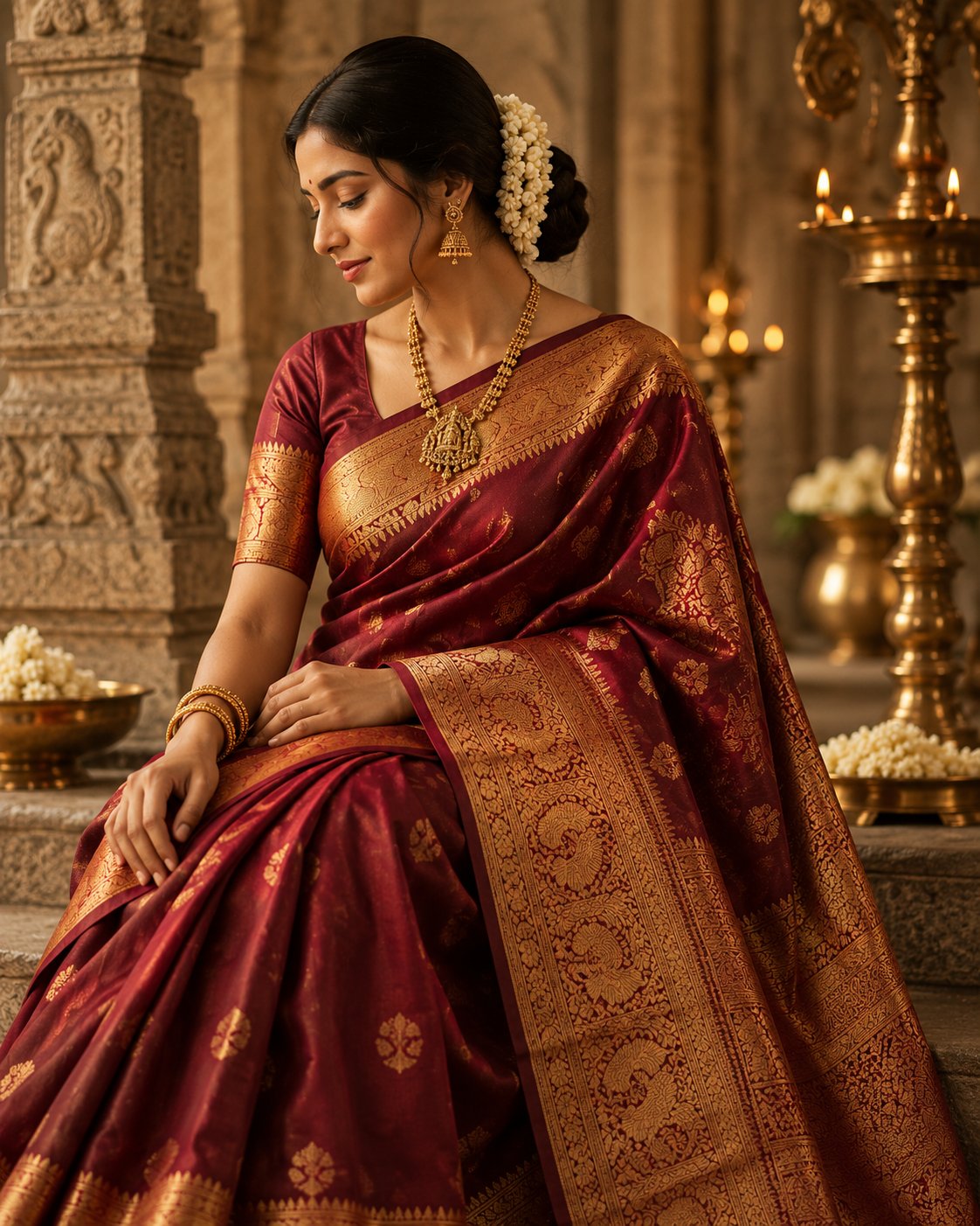 Woman wearing a deep maroon Kanjivaram silk saree with gold zari in a heritage setting