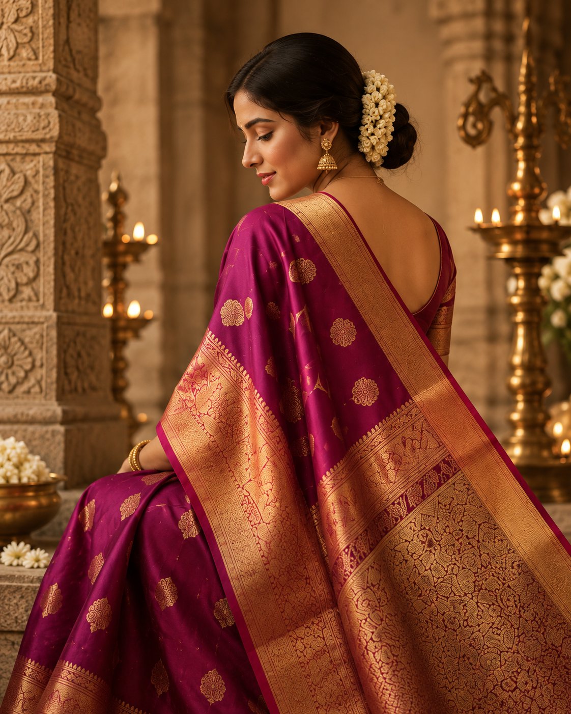 Woman wearing a magenta silk saree with gold zari in a warm heritage setting