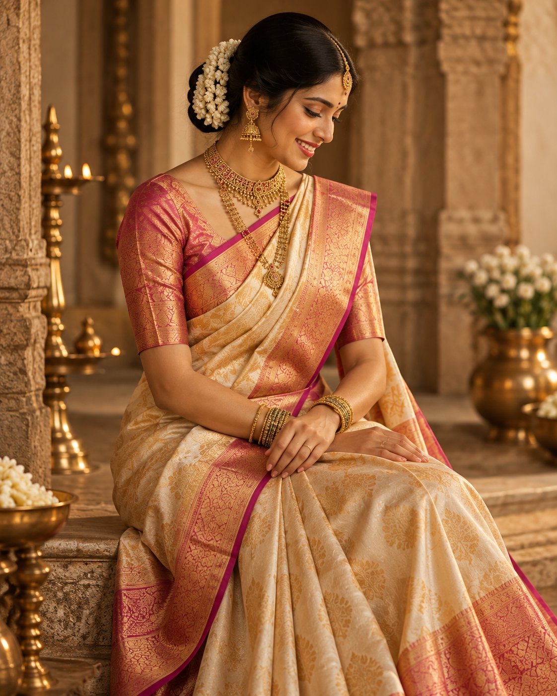 Woman wearing an ivory and gold silk saree with pink border in a traditional heritage setting