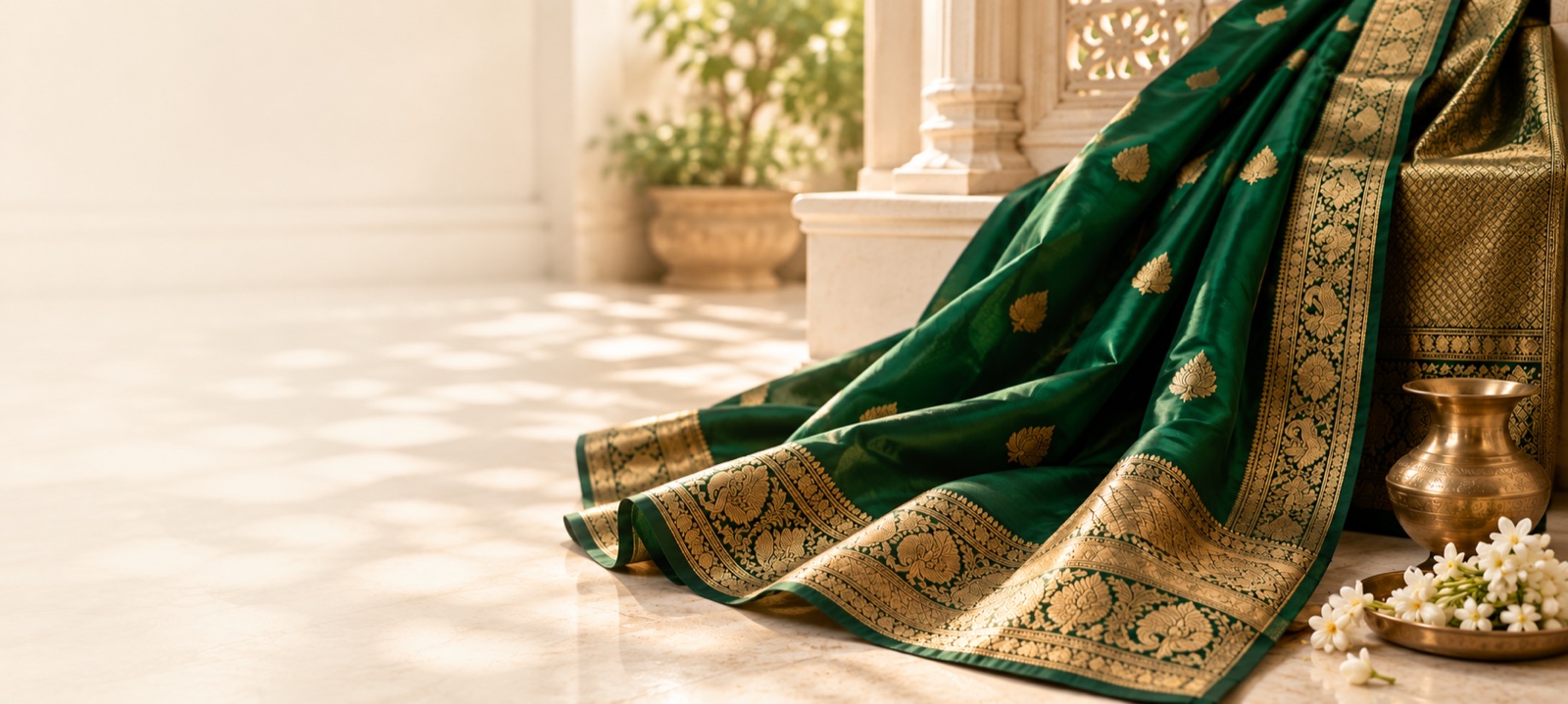 A richly woven green Kanjivaram silk with a gold zari border, draped beside fresh jasmine and a brass vessel