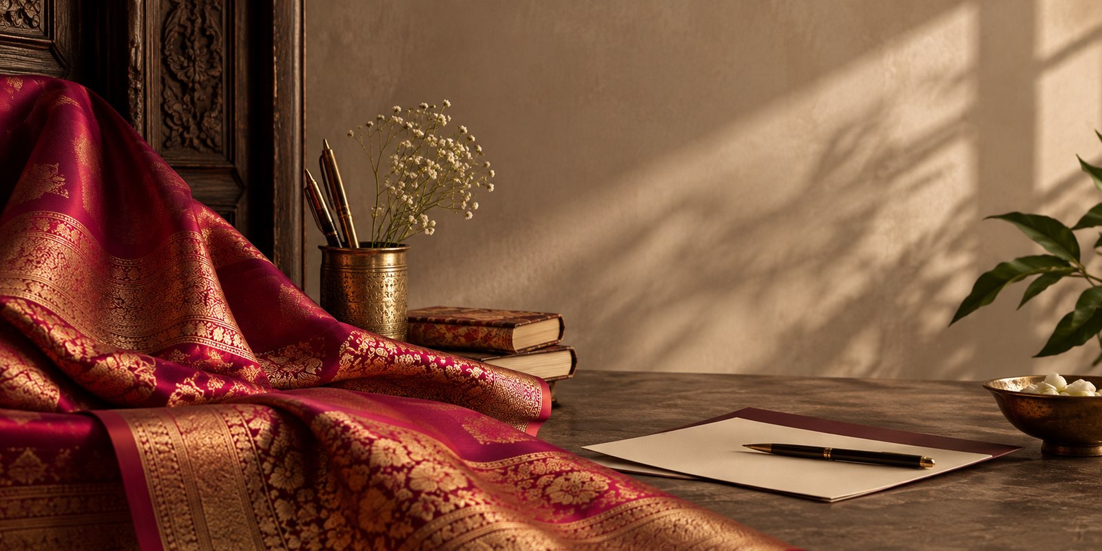 A crimson silk saree, handwritten note and fountain pen arranged in warm window light