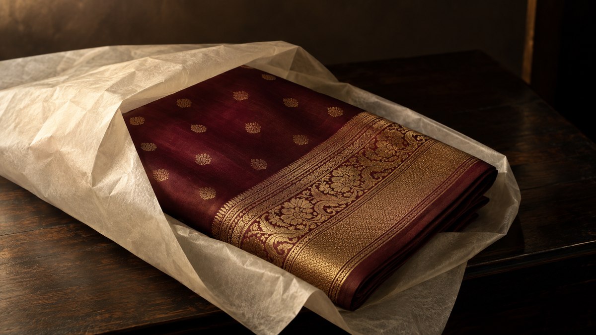 A folded maroon silk saree with a gold zari border carefully wrapped in protective tissue