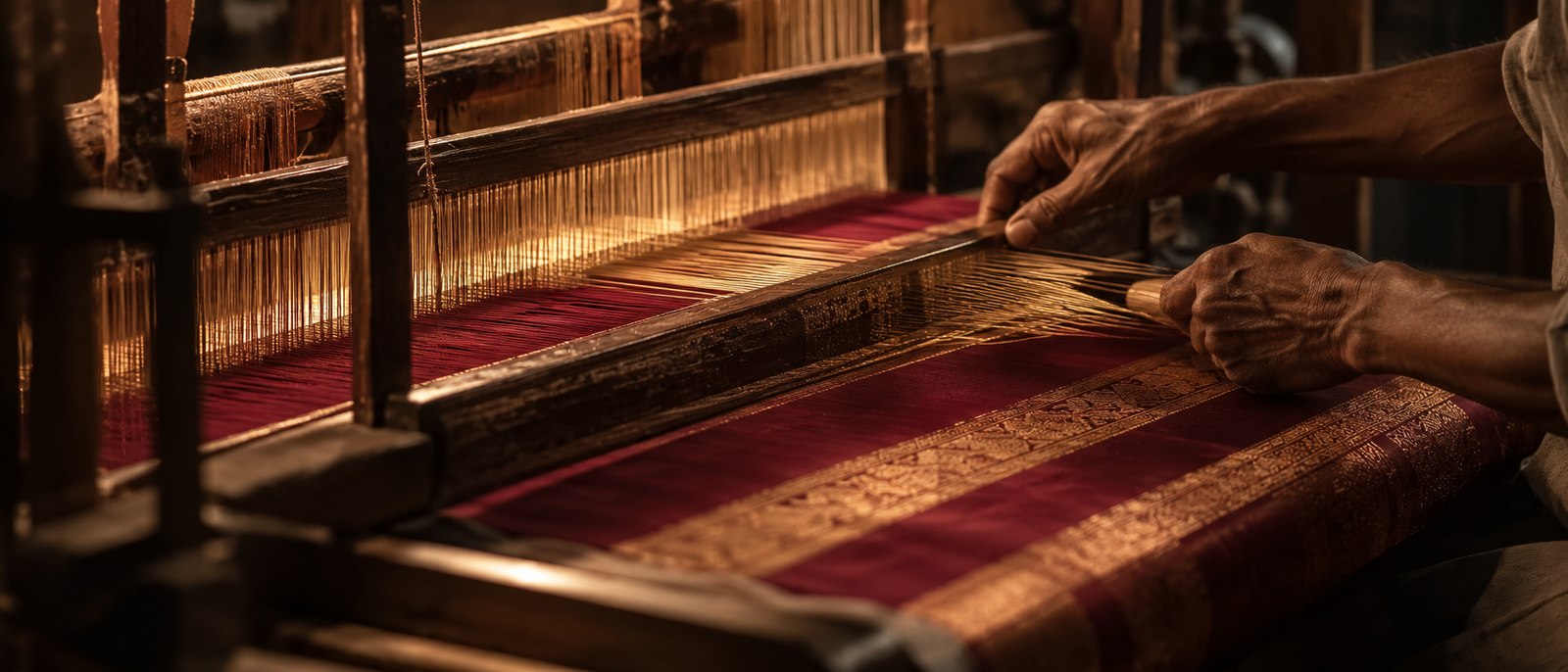 A master weaver guiding gold and crimson silk threads across a handloom