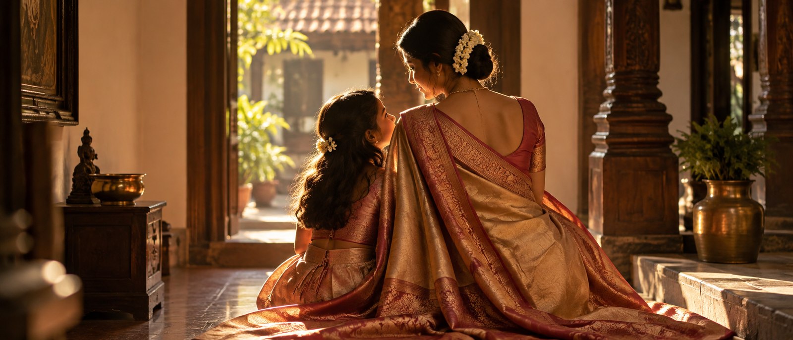 A mother and daughter sharing a quiet moment in warm light, draped in an heirloom silk saree