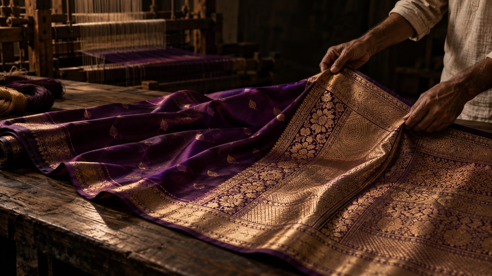 A master artisan examining a violet silk saree with an intricate antique-gold border beside a handloom