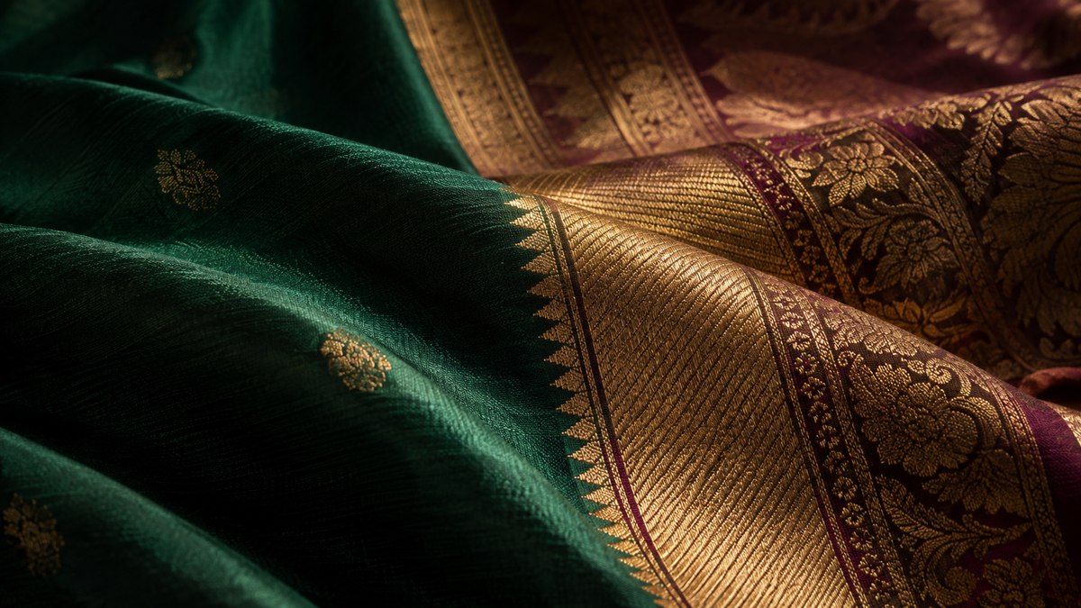 Emerald and crimson silk with elaborate antique-gold zari borders and woven floral motifs