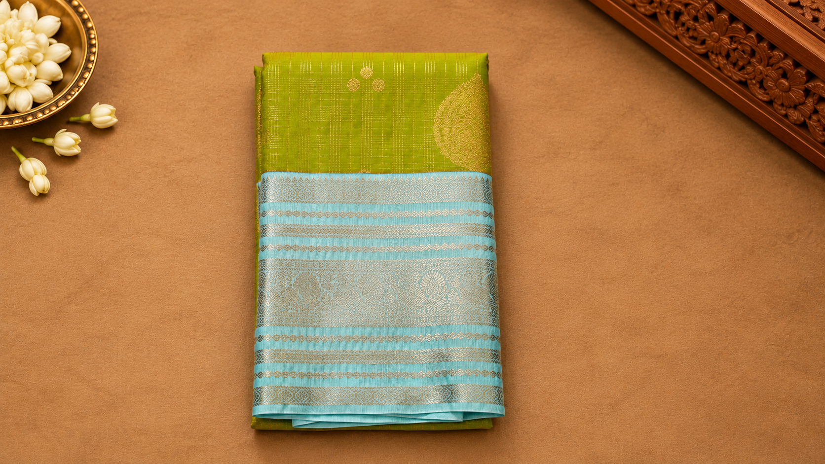 Parrot Green & Powder Blue Kanjivaram Saree with Silver Zari Border