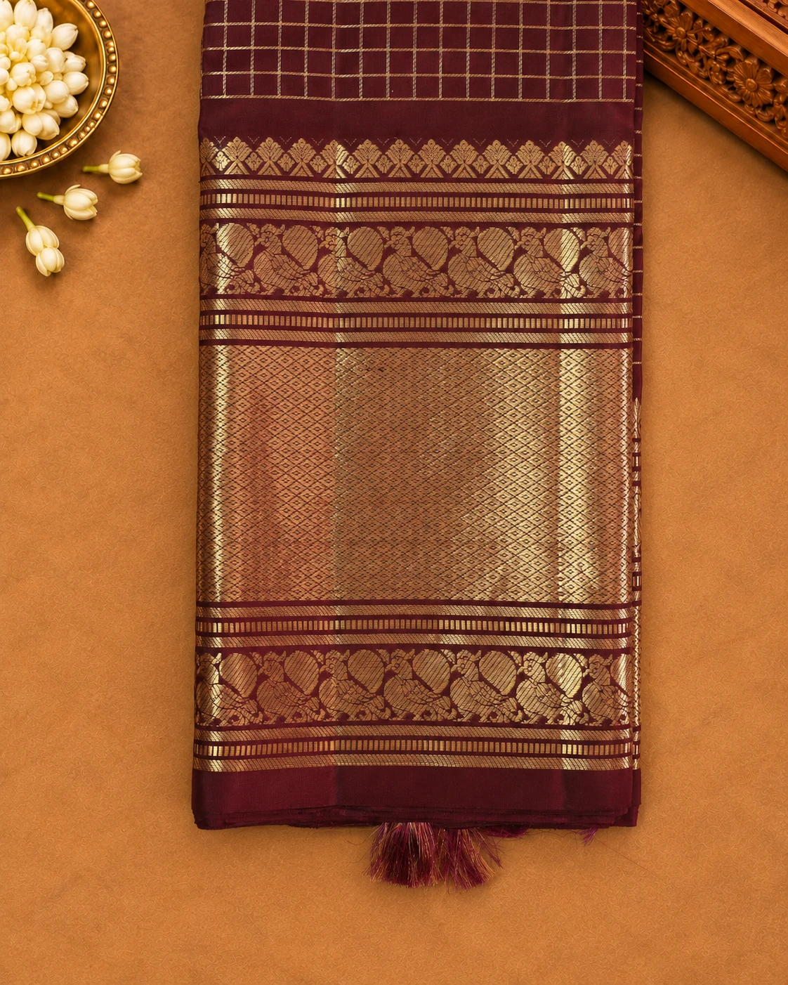 Maroon & Gold Checks Pure Kanjivaram Silk Saree