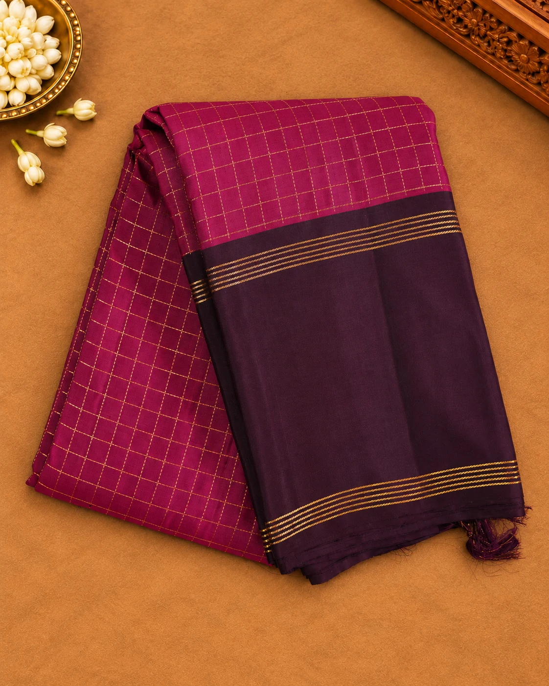Rani Pink Checks Pure Kanjivaram Silk Saree with Plum Border