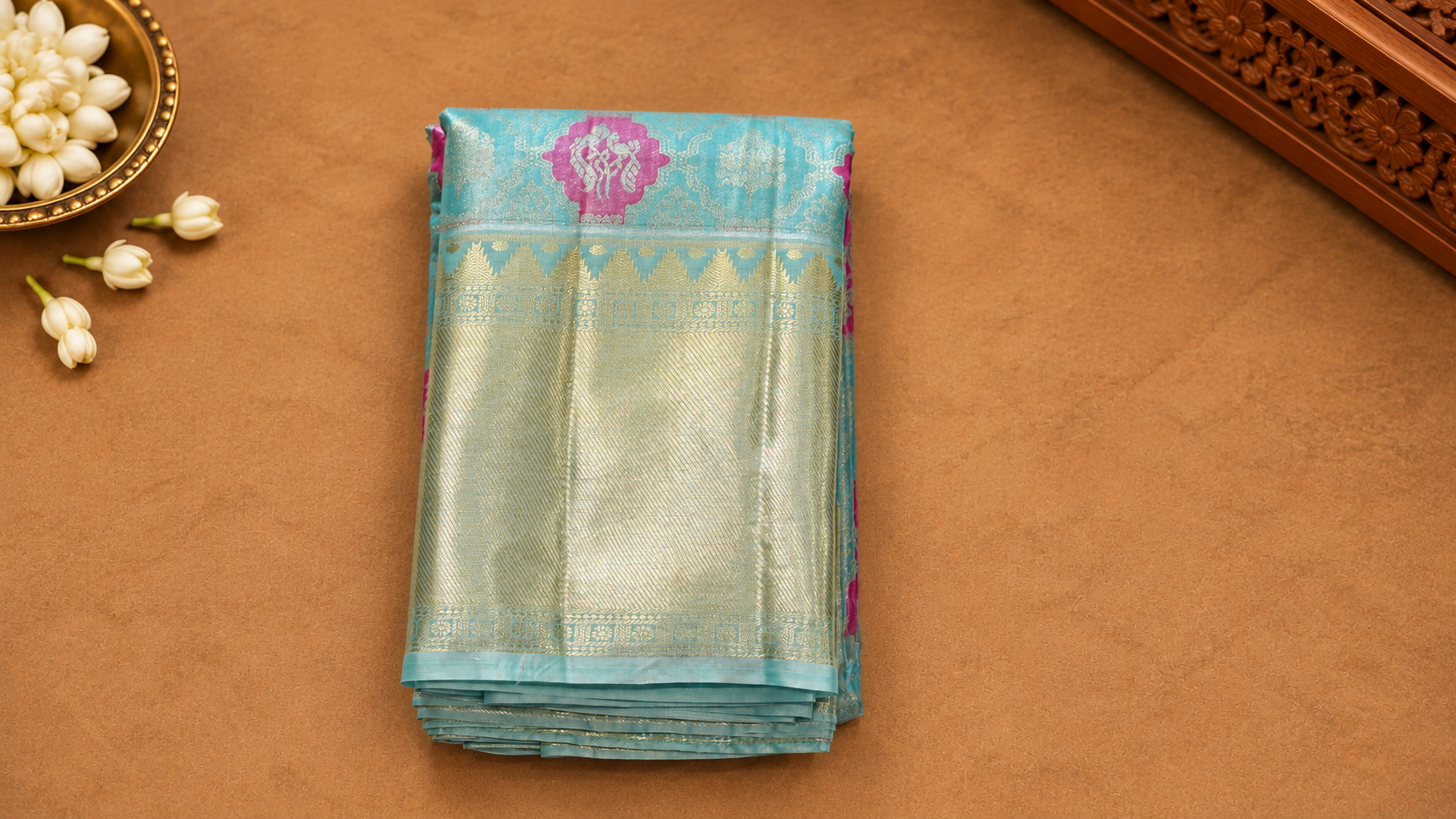 Light Blue Kanjivaram Saree with Pink Meenakari & Heavy Zari Border