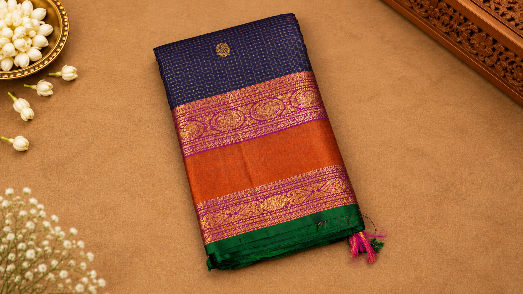 Navy Blue & Orange Kanchipuram Silk Saree