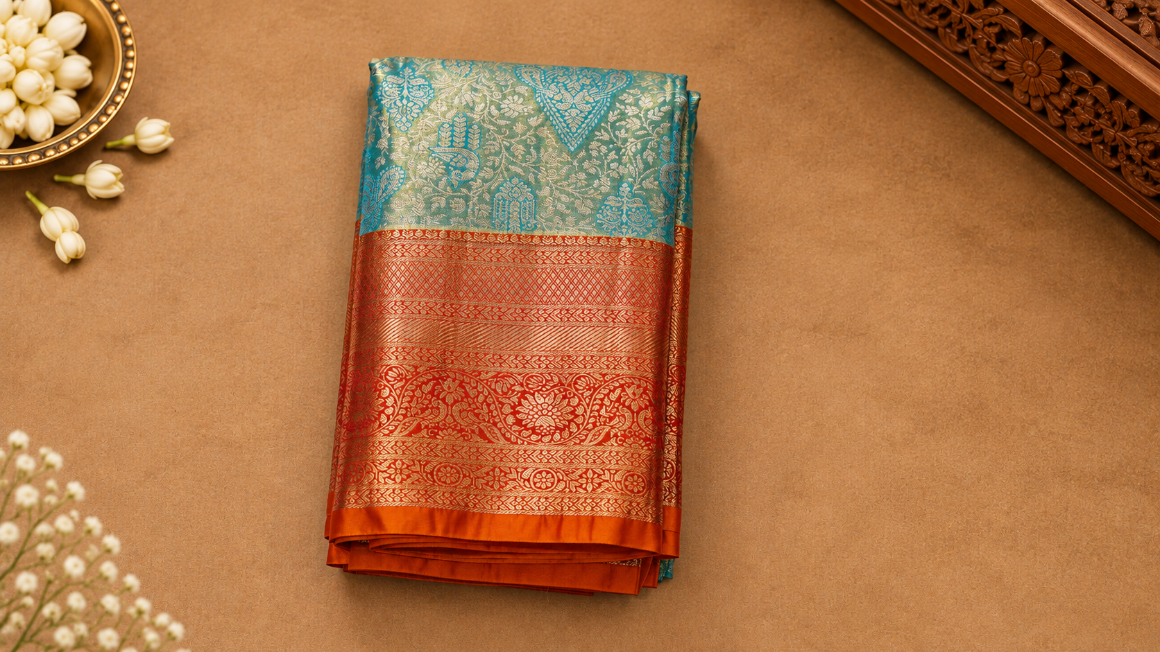 Aqua Green & Coral Zari Brocade  Kanjivaram Saree