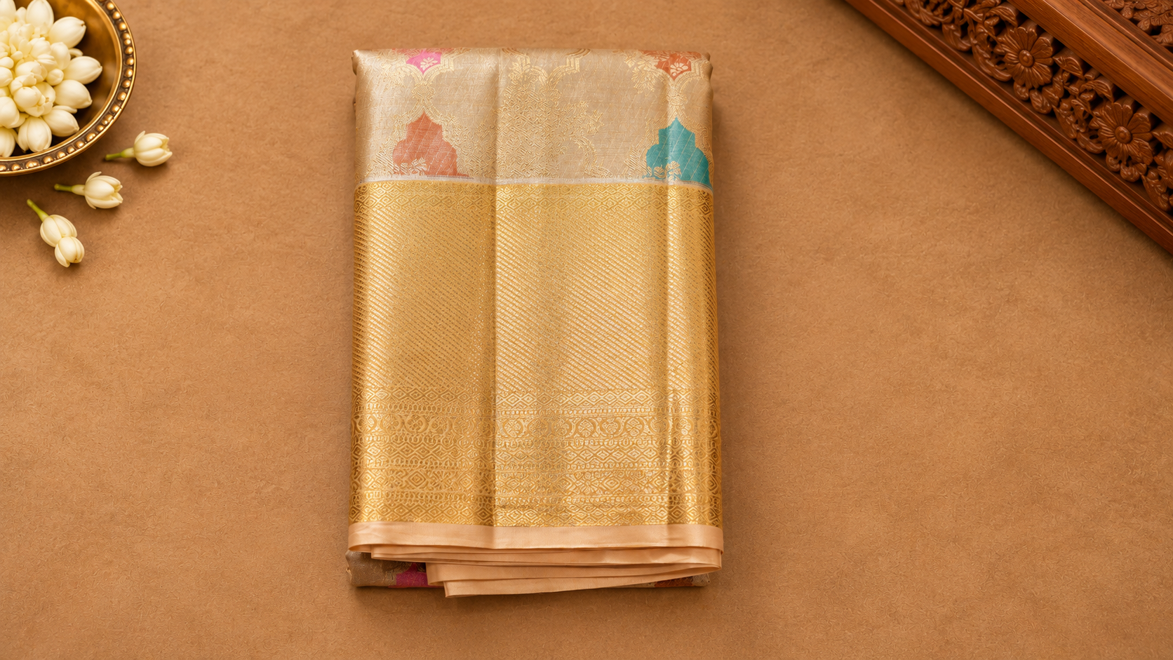 Champagne Gold Meenakari Kanjivaram Saree with Heavy Zari Border