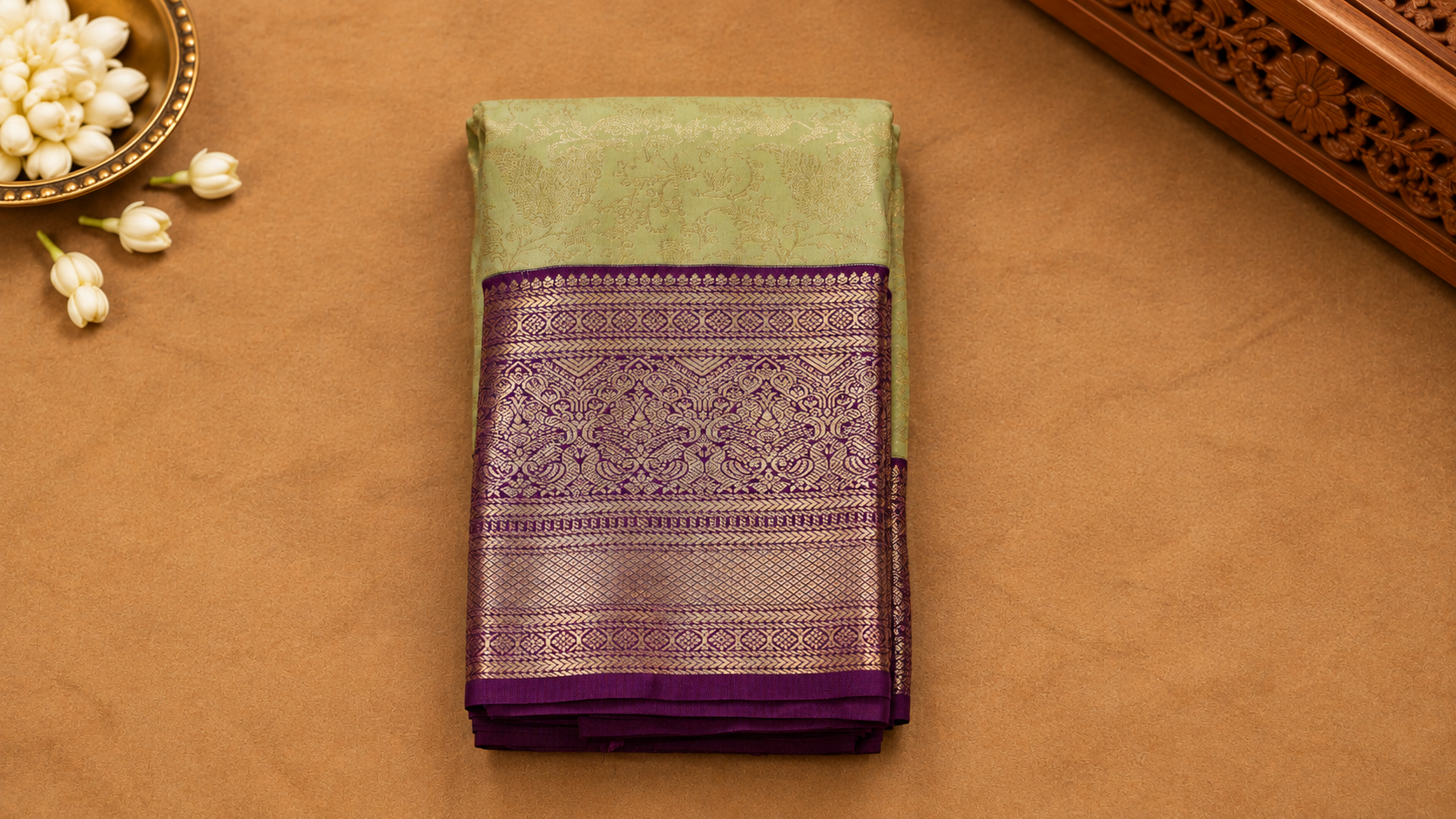 Pista Green & Deep Purple Kanjivaram Saree with Heavy Gold Zari Border