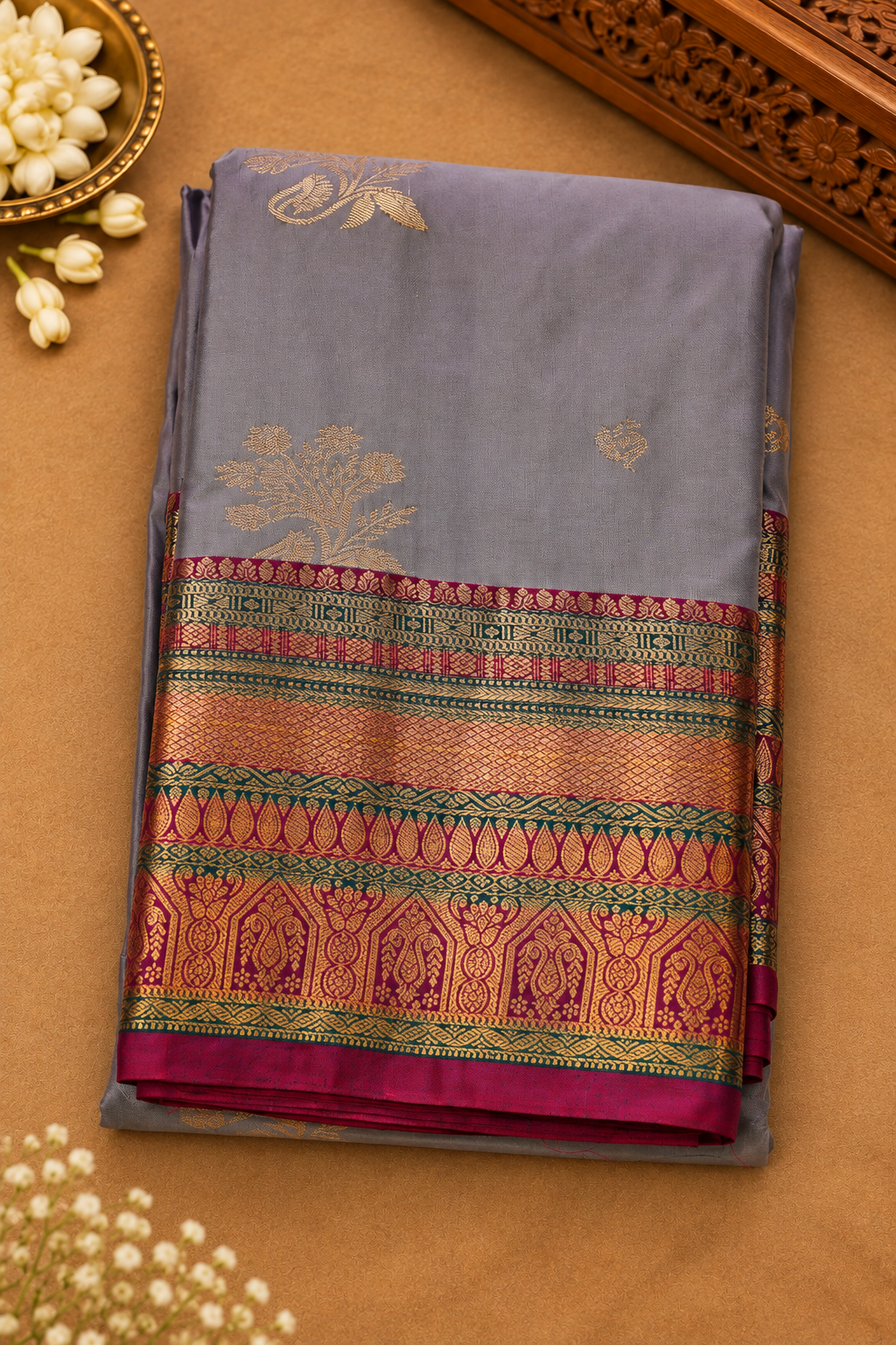 Steel Grey Kanjivaram Saree with Vibrant Multi-Color Zari Border
