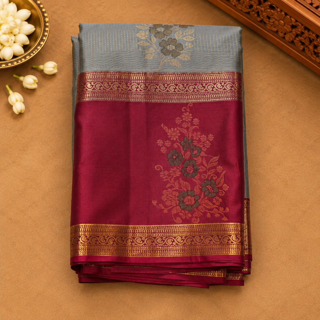 Light Grey & Deep Maroon Kanjivaram Saree with Floral Zari Motifs